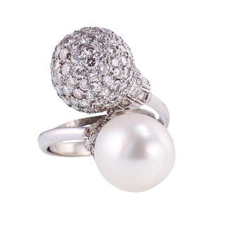 18k Gold Diamond South Sea Pearl Bypass Ring