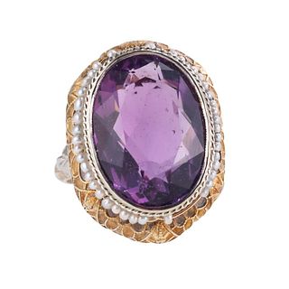 Antique Art Deco 14k Gold Amethyst Seed Pearl Ring