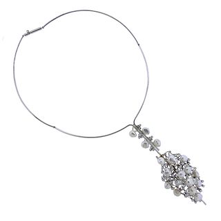 1970s Modernist 18k Gold Pearl Diamond Pendant Brooch Necklace