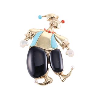 14k Gold Onyx Turquoise Coral MOP Clown Brooch Pin