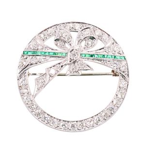Art Deco Platinum Diamond Emerald Circle Bow Brooch 