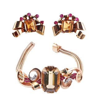 Tiffany & Co Retro Gold GIA Ruby Citrine Diamond Earrings Bracelet Set