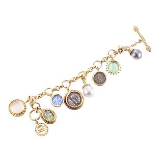 Elizabeth Locke 18k Gold Pearl Venetian Glass Intaglio Coin Charm Bracelet