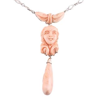 Silver 14k Gold Carved Coral Pendant Necklace