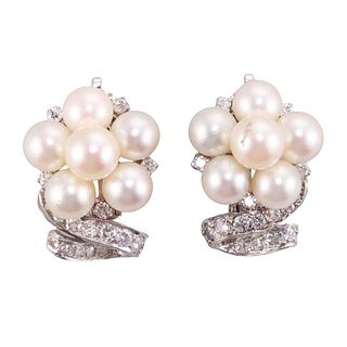 Mid Century 14k Gold Pearl Diamond Earrings