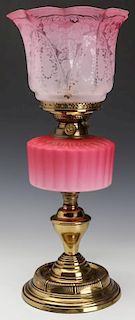 A 19TH C. KOSMOS CRANBERRY SATIN BANQUET LAMP