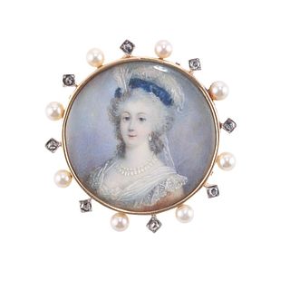 Antique Georgian 14k Gold Pearl Diamond Miniature Portrait Brooch Pin