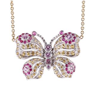 18k Gold Yellow Pink Sapphire Butterfly Pendant Necklace
