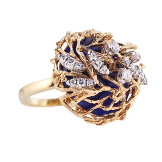 1970s Naturalistic 18k Gold Guilloche Enamel Diamond Cocktail Ring