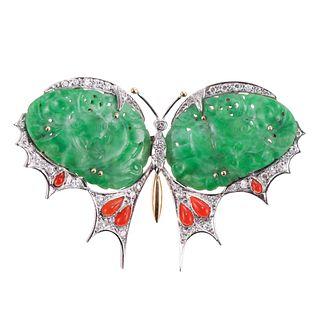 18k Gold Carved Jade Carnelian Diamond Butterfly Brooch