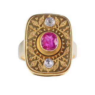Gebruder Antique 1930s Etruscan Gold Burma Ruby Diamond Ring