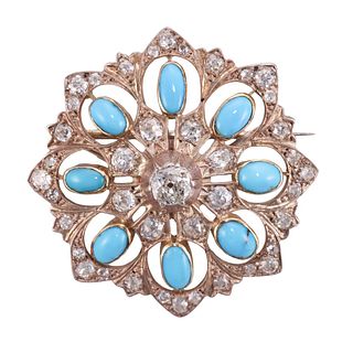 Antique 14k Gold Diamond Turquoise Brooch Pin