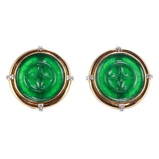 18k Gold Carved Jade Diamond Earrings
