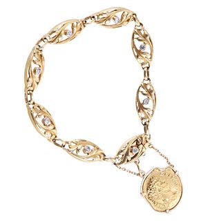 Antique Art Nouveau French Gold Diamond Ancient Coin Charm Bracelet