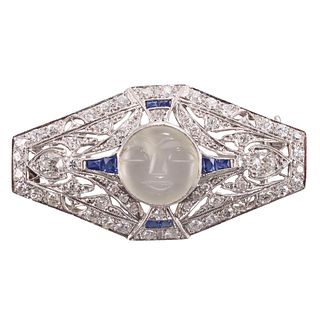 Art Deco Platinum Carved Moonstone Diamond Sapphire Brooch 