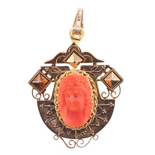 Antique Victorian 18k Gold Coral Cameo Pendant Brooch