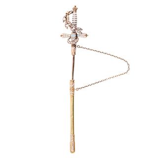 Antique Victorian 14k Gold Enamel Seed Pearl Sword Jabot Pin