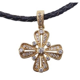 18k Gold Diamond Cross Pendant Leather Necklace