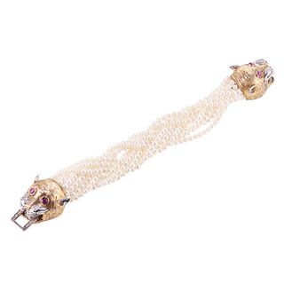 1960s 18k Gold Ruby Pearl Diamond Panther Bracelet