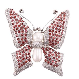 14k Gold Diamond Sapphire Pearl Butterfly Brooch