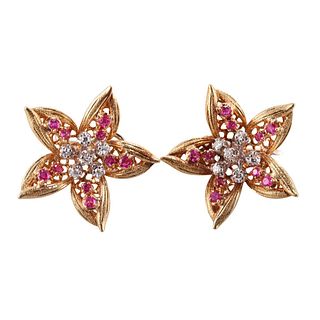 1960s 18k Gold Ruby Diamond Star Earrings