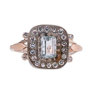 14k Gold Silver Aquamarine Diamond Ring
