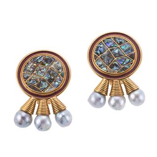 Elizabeth Gage 18k Gold Pearl Enamel Abalone Mosaic Earrings