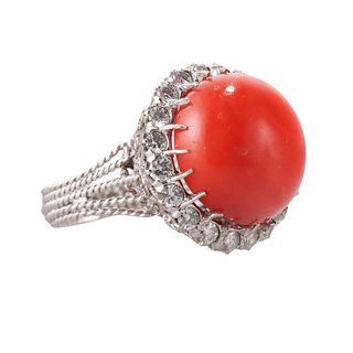1960s 18k Gold Coral Diamond Cocktail Ring