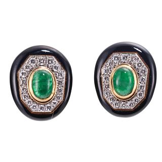 David Webb Gold Platinum Diamond Emerald Enamel Earrings
