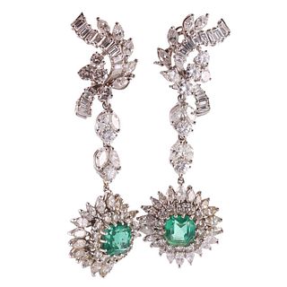 Mid Century Platinum Diamond Emerald Night & Day Earrings
