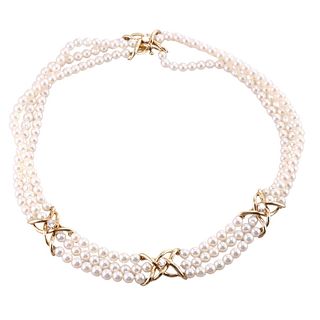Tiffany & Co Vintage 18k Gold Diamond Pearl Three Strand Necklace