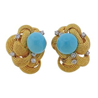 1960s David Webb Turquoise Diamond Gold Earrings