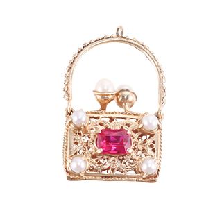 Vintage 14k Gold Pearl Gemstone Handbag Purse Bag Charm Pendant