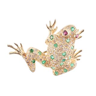 14k Gold Diamond Emerald Ruby Frog Brooch Pin
