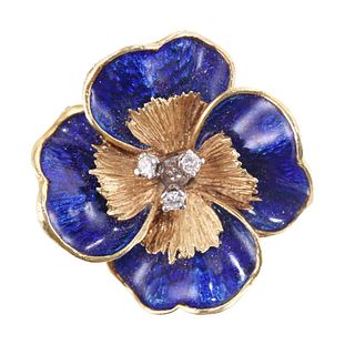 Tiffany & Co Vintage 18k Gold Diamond Enamel Flower Brooch