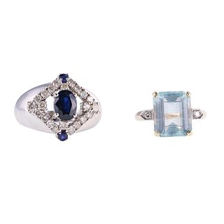 2.25ct Sapphire 5.52ct Aquamarine Diamond Gold Ring Lot of 2
