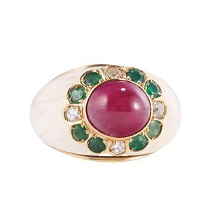 1970s 18k Gold Ruby Emerald Diamond Ring