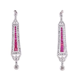 Platinum Diamond Ruby Drop Earrings
