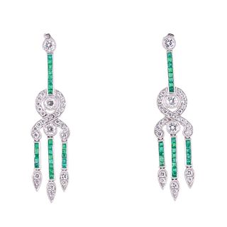 Platinum Diamond Emerald Chandelier Drop Earrings