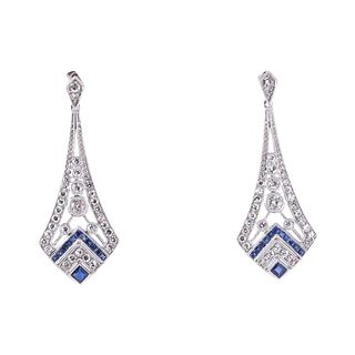 Platinum Diamond Sapphire Drop Earrings