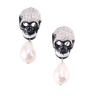 18k Gold 6.50ctw Diamond Baroque Pearl Enamel Skull Earrings