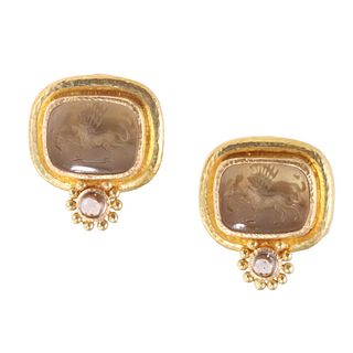 Elizabeth Locke 18k Gold Smokey Quartz Venetian Glass Intaglio Earrings