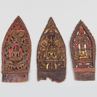 Group of Three Tibetan Polychromed Wood Crown Leaves