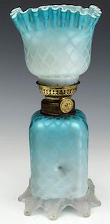 A 19TH C. KOSMOS BLUE MOTHER OF PEARL GLASS LAMP