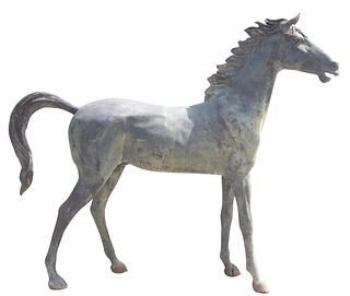 NEAR LIFE-SIZE PATINATED BRONZE SCULPTURE STANDING HORSE