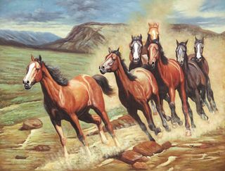 SIGNED WESTERN ACRYLIC ON CANVAS PAINTING, STAMPEDING HORSES