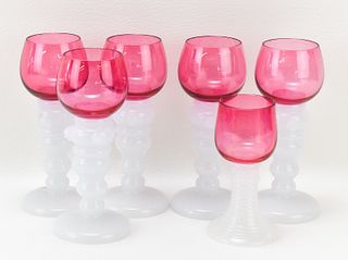 ANTIQUE GERMAN ROEMER CRANBERRY & OPALINE WINE GLASSES