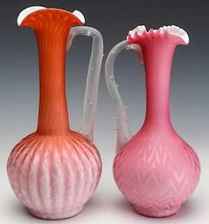 TWO TALL SLENDER MOTHER OF PEARL GLASS EWERS