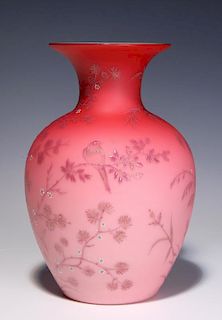 A 19TH C. VICTORIAN SATIN GLASS VASE WITH ENAMEL