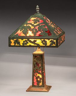 Arts & Crafts Cutout Overlay Slag Glass Lamp c1910
